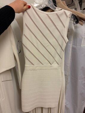 Herve Leger Cream Sleeveless Bandage Dress with Sheer Diagonals